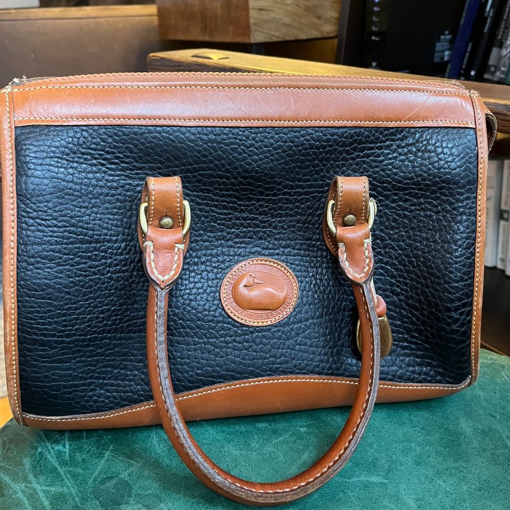 Dooney and Bourke Pebbled Leather Top Handle Satchel Purse Navy And Tan